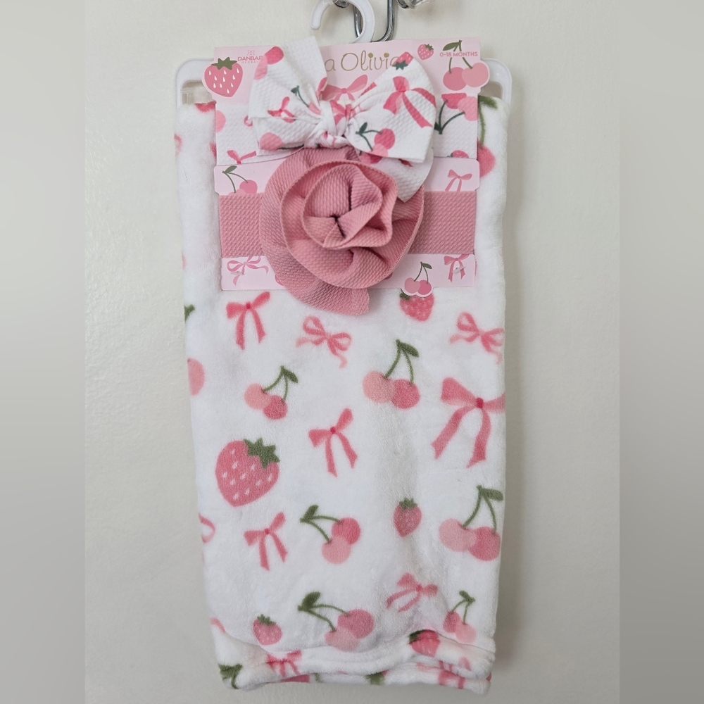 Pink Cherry and Strawberry Baby Blanket with Bows NWT
